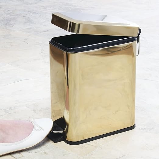 mDesign Metal Freestanding Slim Toilet Bowl Brush and Holder + Rectangle Narrow 5 Liter / 1.3 Gallon Step Pedal Trash Can Wastebasket for Bathroom - Small, Compact Design - Set of 2 - Soft Brass