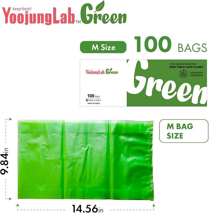 Green, Food Storage Bags, 9.84" 14.56" 100bags, Keep Fresh Produce Bags, BPA FREE, Food Saver Storage for Fruits, Vegetables, HDPE, Green color bag, Disposable Storage Bags, Eco-Friendly
