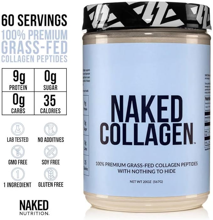NAKED Collagen Peptides Protein Powder, 60 Servings, Pasture-Raised, Unflavored Grass-Fed Hydrolyzed Collagen Supplement, Paleo Friendly, Non-GMO, Keto, Gluten Free, 20oz