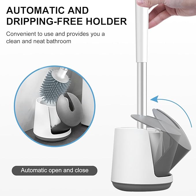 SetSail Silicone Toilet Bowl Brush and Holder Automatic Toilet Brushes for Bathroom with Holder Ventilated Toilet Cleaner Brush for Toilet Scrubber Cleaning, White & Grey (2 Packs)