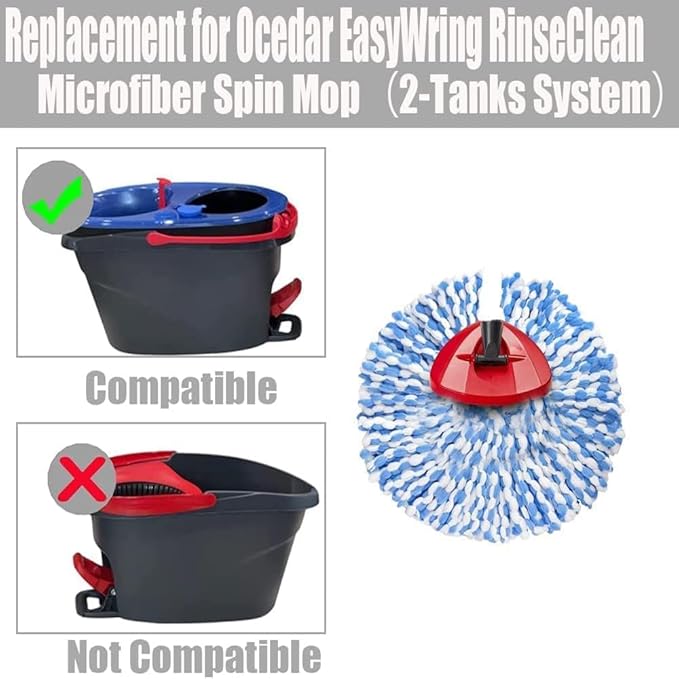 ANREKEYH Spin Mop Replace Head, Base, Handle Compatible with O Cedar EasyWring RinseClean Microfiber Spin Mop, 4 Microfiber Mop Refills, 1 Triangle Mop Base and 58in Mop Handle (Blue (2-Tank System))