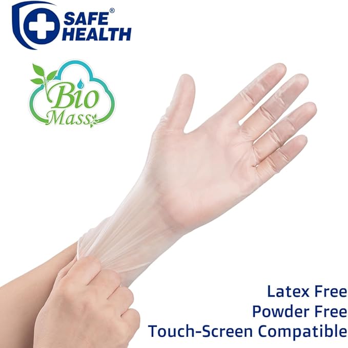 Safe Health Biomass Eco-Friendly Vinyl Disposable Gloves, USDA Certified Biobased Product, Latex Free, Powder Free, Clear, Case of 900, Xlarge, 3 mil