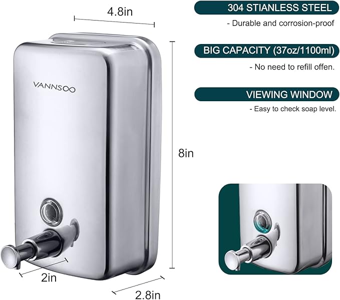 VANNSOO Commercial Soap Dispenser Wall Mount Stainless Steel Manual Liquid Pump Rust-Proof Leak Free for Bathroom (37 fl.oz./1100ml)