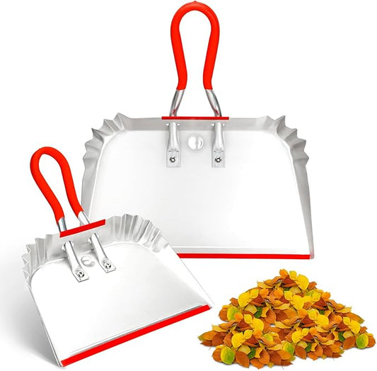 HexDorn 2 Pack Metal Dust Pan 17" and 12", Aluminum Heavy Duty Dust Pans with Non-Slip Rubber Handle, Large and Small Dustpan Set, Lightweight for Sweeping, Garage, Leaf, Household & Outdoor Cleaning