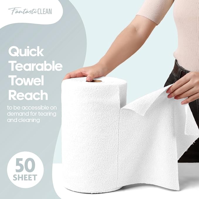 Fantasticlean Kitchen Dish Towels, Tear-Away Microfiber Towel Roll, Super Absorbent, Reusable Premium Dishcloths, Fast Drying Dish Rags, 50 Sheet, 12'' x 12'' (White)