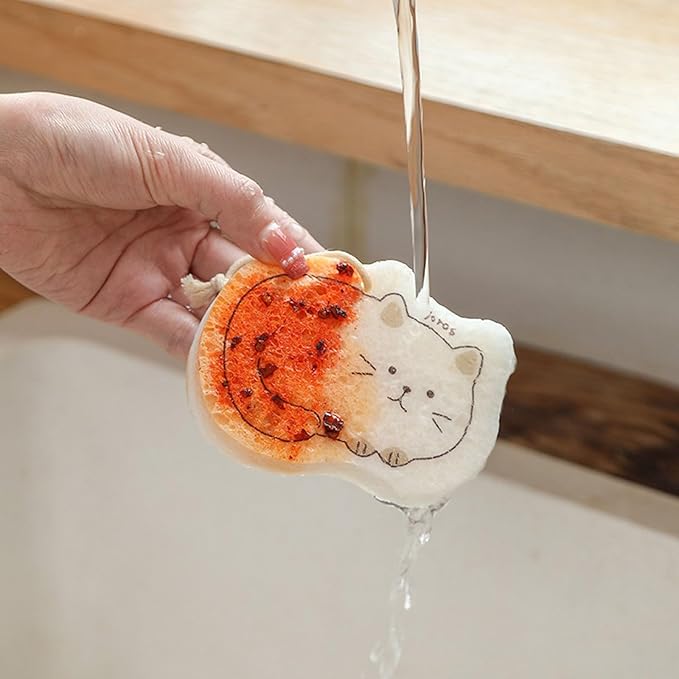 Extra Durable Biodegradable Wood Pulp Cartoon Sponges Compressed - More Durable Than Ordinary, Quick-Absorbing for Kitchen, Bath & Pet Dishes, 4-Pack Cute Cat Shapes, Plant-Based & Odorless