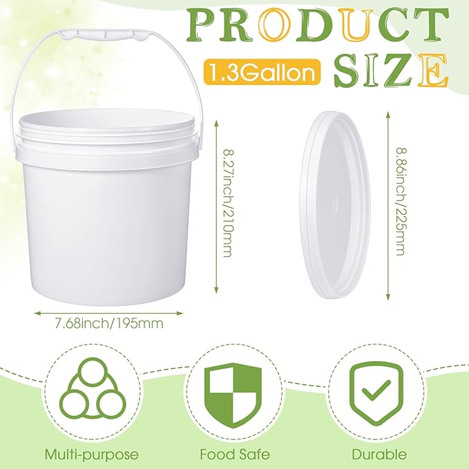 Leinuosen 8 Pcs Plastic Bucket with Handle and Lid Durable Heavy Duty Food Safe Bucket Pail Container for Multipurpose Storage Paint Art Crafts Projects, BPA Free(1.3 Gallon,White)