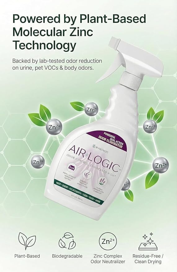 AIRLOGIC Dual-Action Odor Eliminator Spray 32 Fl Oz, Plant-Based Instant Knockdown & Enzymatic Deodorizer for Home, Neutralizes 16 Odor Sources, Bleach-Free, Fabric & Surface Safe, Lavender Lemon