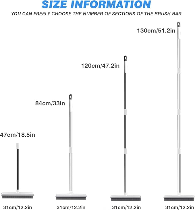Rubber Broom with Built in Squeegee, Carpet Rake for Pet Hair Removal, Fur Remover Broom with 51" Adjustable Long Handle, Soft Push Broom for Carpet, Hardwood Floor, Tile