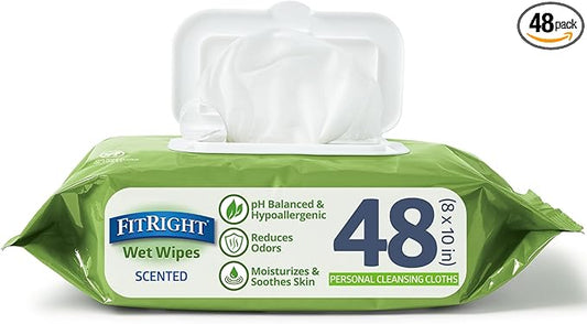 Medline FitRight Aloe Personal Cleansing Cloth Wipes, Scented, Pack of 48, 8 x 10 inch Adult Large Incontinence Wipes