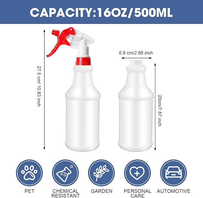 Eccliy 20 Pack 16oz Empty Spray Bottles, Leakproof Cleaning Bottles with Measurement and Adjustable Nozzle for Housekeeping, Commercial Use(White Cylinder Without Measurement,Red White)