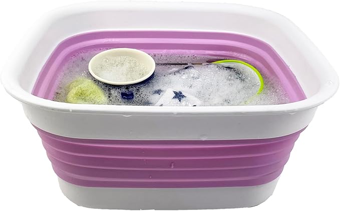 SAMMART 8L (2.1 Gallon) Collapsible Tub - Foldable Dish Tub - Portable Washing Basin - Space Saving Plastic Washtub (Ceramic Blue/Pale Purple(Set of 2))