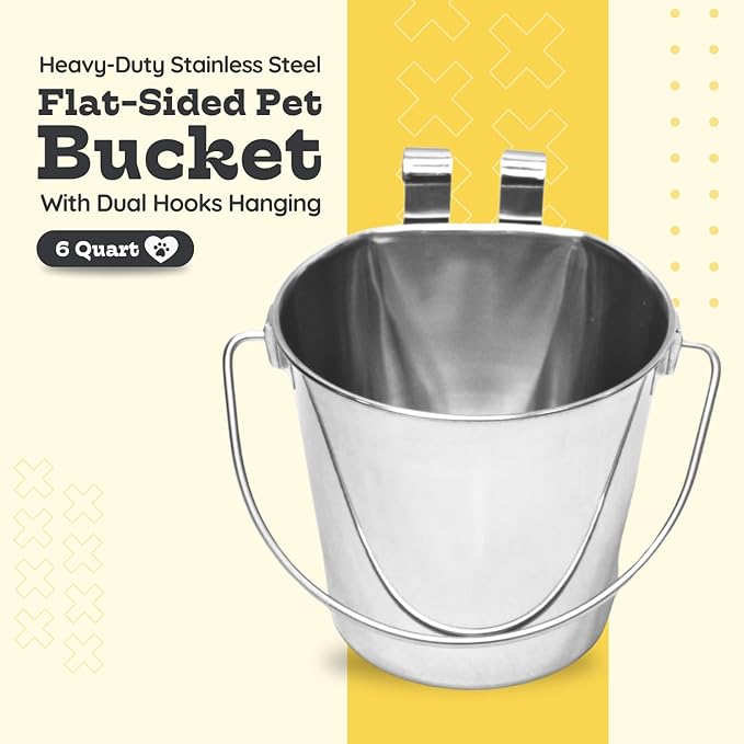 6 Quart Stainless Steel Flat Sided Bucket with Dual Hooks | Durable Food & Water Bowl for Dogs Cats Goat Sheep & Livestock | Fits kennel Cage Critter Crate Hanging Pet Pail | Multipurpose