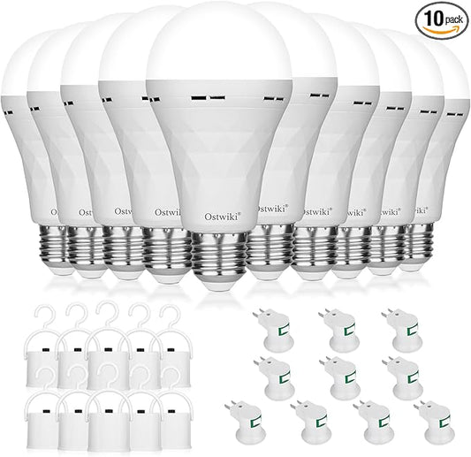 10 Pack Rechargeable Emergency Light Bulbs,Battery Operated Backup Light Bulb for Power Outage Camping Outdoor Hurricane 9W E27 8500K 1200mAh White Self-Charging LED Light Bulbs