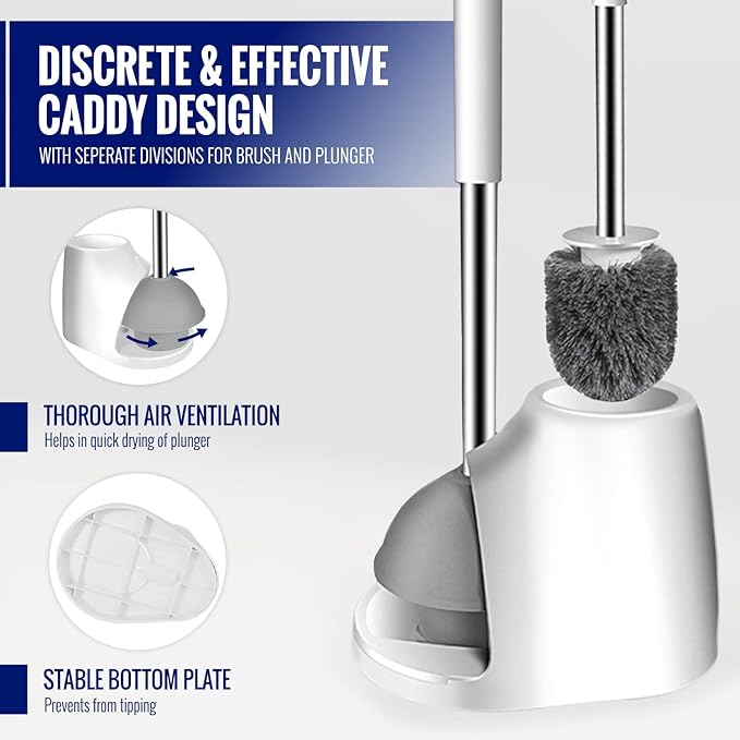 True Fresh Toilet Brush and Plunger Set with Holder Caddy -Stainless Steel Brush and Toilet Plunger for Heavy Duty -2-in-1 Scrubber Combo with Hidden Tweezer & Extendable Plastic Handle