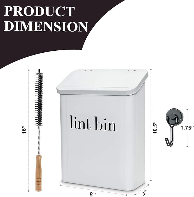 Magnetic Lint Bin with Lint Brush, Two White Hooks, one Black Back Side Hook & All Accessories for Laundry Room Decor, Wall-Mounted Lint Bin with Lid, White Powder Coated, Space-Saving Trash Can