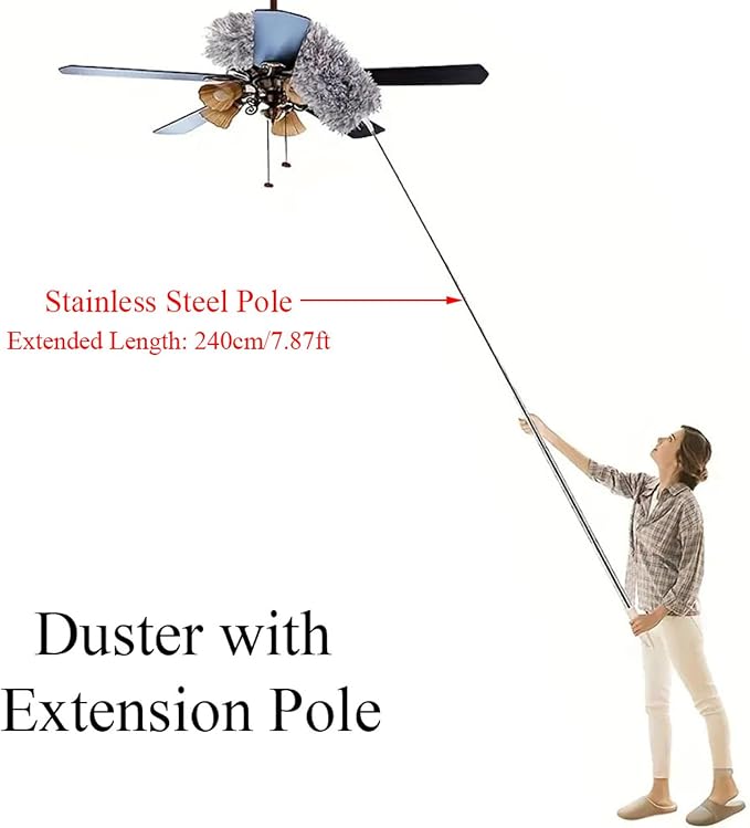 TopHomer Fiber Feather Duster with Stainless Steel Extendable Pole, Ceiling Fan Cleaner for Cobwebs High Ceiling Fan, Interior Roof, Wet & Dry Use (Model C)