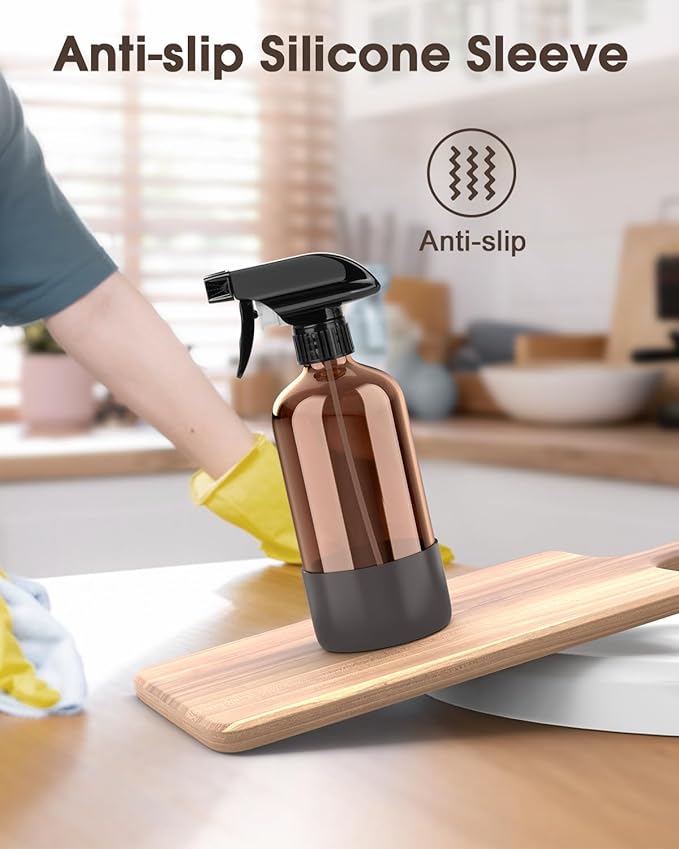 Glass Spray Bottle with Silicone Sleeve Protection, Amber Glass Spray Bottle Set for Window Cleaner Aromatherapy Facial Hydration Watering Flowers Hair Care 2 Pack/16 oz (Black & Grey, 16 oz)