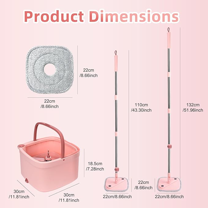 Upgraded Spin Mop and Bucket System Set, Self Separate Clean and Dirty Water, Foldable Square Standing Mop Head with Microfiber Mop Pads, Detachable Bucket