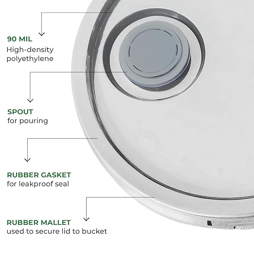 3.5-Gallon White Bucket Pail with Spout Lid, Metal Handles with Plastic Grip for Easy Carrying, Easy Stack and Store, Heavy-Duty Extra Durable, Food Grade, BPA Free - 5 Pack