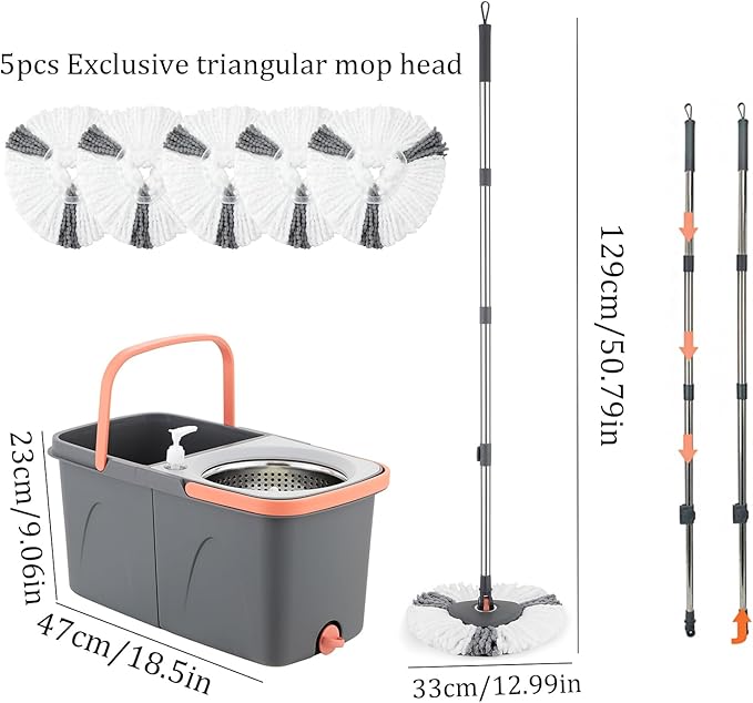 HOLJUS Spin Mop and Detachable Bucket Set with 5 Reusable Microfiber mop Head Dual-Chamber Water System Spining Mop Floor Cleaning Kit for Hardwood Tile Laminate Floors (Gray)