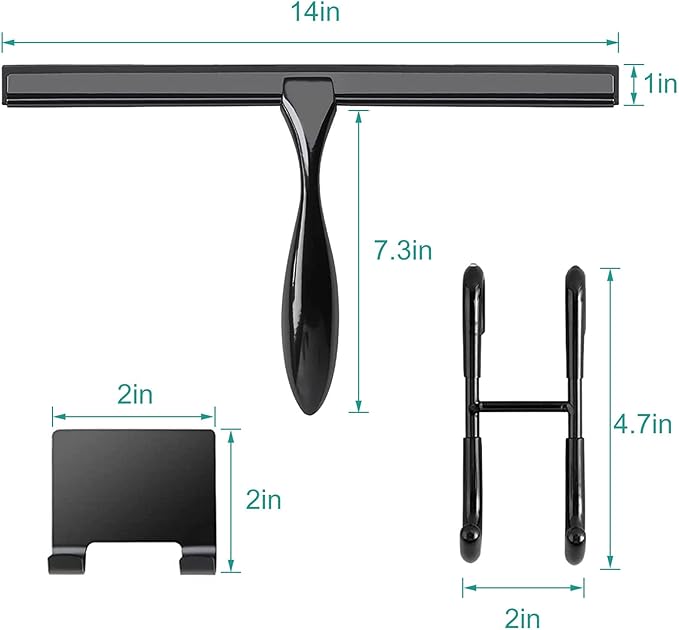 steauty Shower Squeegee for Glass Doors,14-Inch Shower Glass Squeegee, Matte Black Shower Squeegee for Shower Doors,Mirror,Windows, with Shower Door Hook and Adhesive Hook