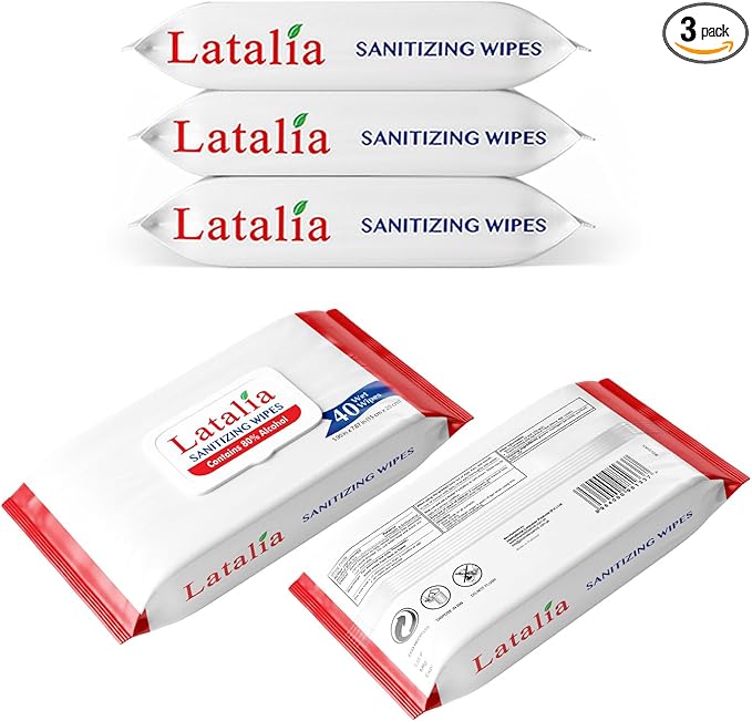 Latalia Hand Wipes Pack of 3 | 80% Alcohol Hand Sanitizer Wipes for Hands & Face Moisturizing, Gentle, Convenient and Fragrance Free (40 Counts)