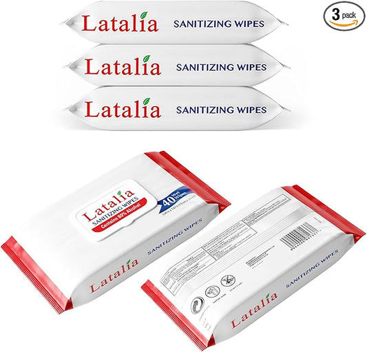 Latalia Hand Wipes Pack of 3 | 80% Alcohol Hand Sanitizer Wipes for Hands & Face Moisturizing, Gentle, Convenient and Fragrance Free (40 Counts)