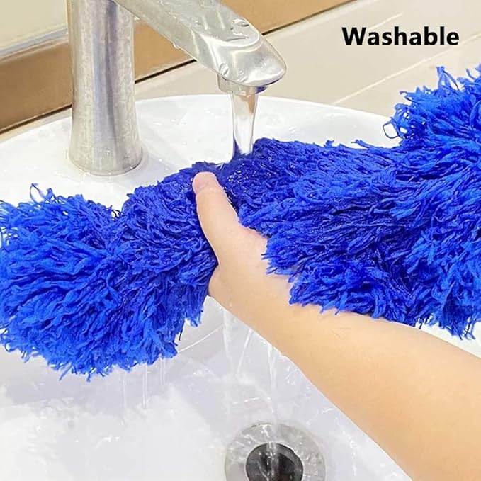 Ceiling Fan Feather Duster with Extension Pole, Cobweb & Corner Brush for Cleaning, Long Handle Aluminum Telescoping Pole, Washable, Blue, 130cm
