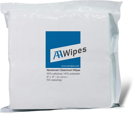 AAwipes Cleanroom Wipes Nonwoven Wipes Cellulose/Polyester Blend (Grade A, 68 Gram) 9" x 9"for Lab, Electronics, Pharmaceutical, Printing and Semiconductor Industries (Bag of 150 Pcs)