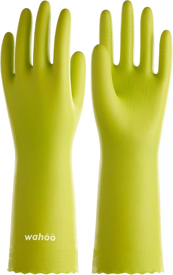 wahoo Skin-Friendly Cleaning Gloves, Cotton Flocked Lined Dishwashing Gloves, Reusable, Non-Slip, Waterproof, Bud Tender, Large