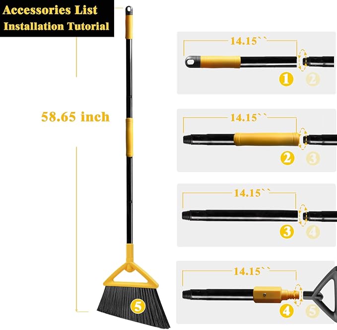 PUTNATRUE Heavy Duty Broom Outdoor and Indoor, 3 Pack Upgraded Commercial Angle Brooms, Perfect Yellow Broom of House, Kitchen, Garage, Courtyard