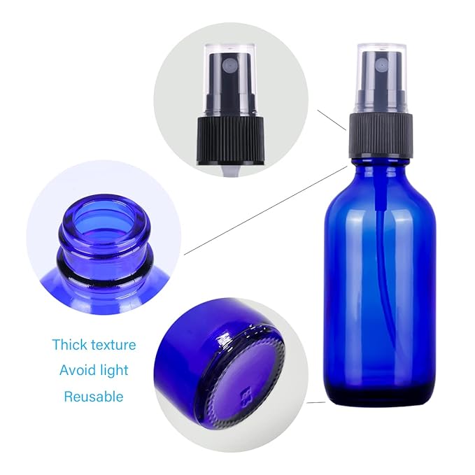 2oz Blue Glass Spray Bottles,Empty Small Perfume Travel Refillable Reusable Fine Mister Spray Bottle for Hair,Cleaning Solutions,Aromatherapy and Essential Oil with Extra Nozzle(2 Pack)