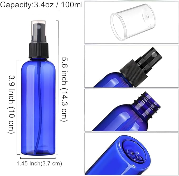 SINIDE Plastic Spray Bottles 100 ml/3.4 oz Fine Mist Mini Travel Bottle Set, Portable Refillable Makeup Sprayer Containers for Perfume, Liquids, Aromatherapy, Cleaning Solution (4 Pack)