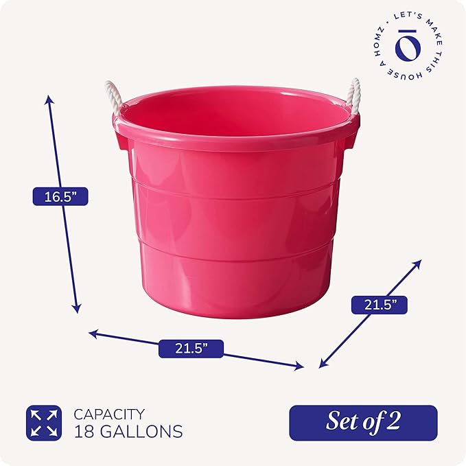 HOMZ 2-Pack Utility Tub, Large Plastic Storage Bucket with Rope Handles, 18 Gallon, Pink - Portable Indoor and Outdoor Buckets for Kitchen, Laundry, Garden, Bathroom, and Garage Organization