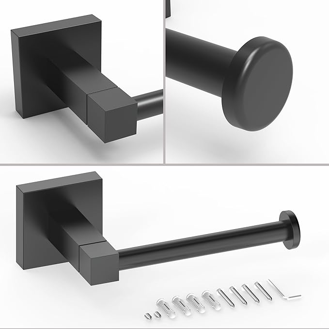 RUACQ Toilet Paper Holder Wall Mount,Square Base Tissue Roll Holder for Bathroom,Toilet Roll Holder Stainless Steel(Matte Black)
