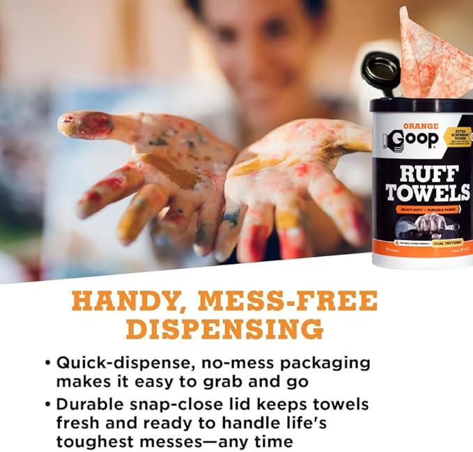 GOOP Orange Heavy Duty Ruff Towels with Scrubbing Power, 10” x 12” Dual Textured Multi-Purpose Cleaning Wipes, Removes Dirt, Grease, Oil, 72 Count