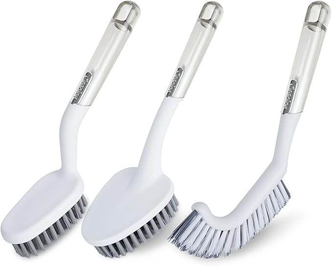 QUIVIX 3 Pack Heavy Duty Bathroom Scrub Brush with Long Handle, Stiff Bristles Grout Brush, Scrub Brushes for Cleaning Bathroom, Shower, Tile, Tub, Carpet, Kitchen, Sink (Crystal Gray)