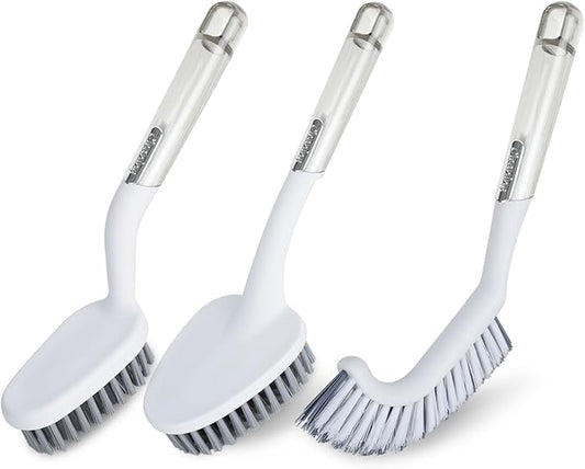 QUIVIX 3 Pack Heavy Duty Bathroom Scrub Brush with Long Handle, Stiff Bristles Grout Brush, Scrub Brushes for Cleaning Bathroom, Shower, Tile, Tub, Carpet, Kitchen, Sink (Crystal Gray)