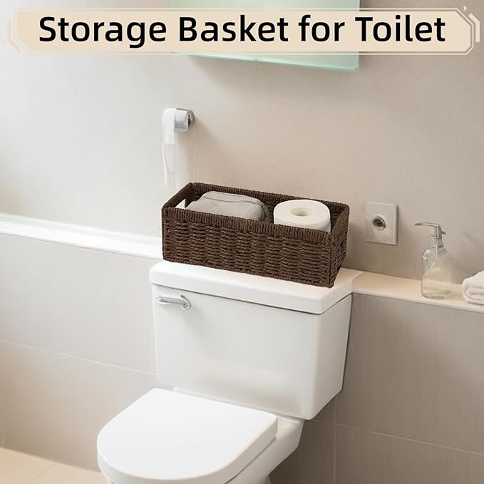 Paper Rope Wicker Baskets with Handles, 2 Pack Storage Basket, Rectangle Wicker Basket, Small Wicke Baskets for Organizing Shelves, Toilet Paper Storage Basket for Bathroom, Brown