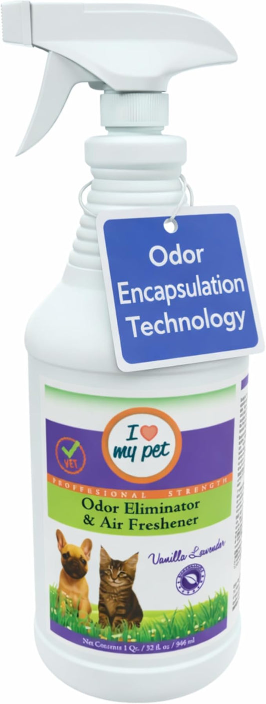 I Love My Pet Odor Eliminator Spray and Air Freshener for Strong Pet Odors – Neutralizes Dog and Cat Urine on Fabrics, Carpets, Pet Beds – 32 oz Vanilla Lavender
