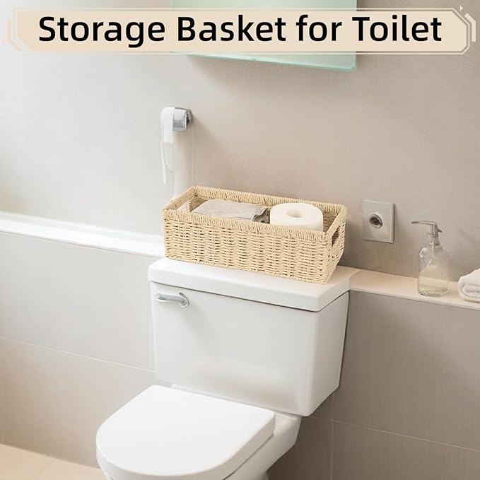 2 Pack Paper Rope Wicker Baskets with Handles, Storage Wicke Baskets for Shelves Organizing, Natural Color Toilet Basket Tank Topper, Small Woven Baskets for Storage, 14.17x6.1x4.72in