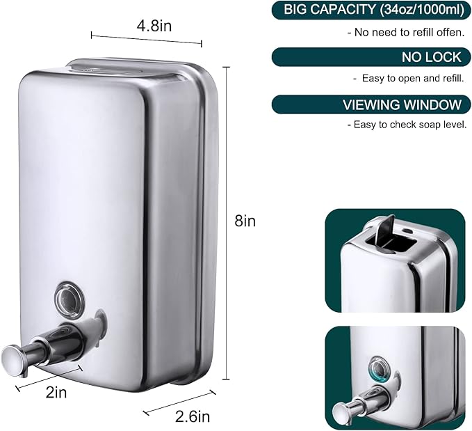 VANNSOO Commercial Soap Dispenser Wall Mount Stainless Steel Manual Liquid Pump Rust-Proof Leak Free for Bathroom (34 fl.oz./1000ml)