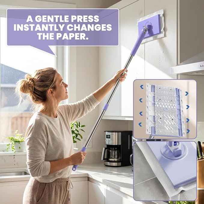 2026 Snap Grip Mini Mop Upgraded with 10 Pads| Zero Touch Hands-Free Cleaning Mop|27.5” & 36.5” Adjustable Handle Flat Dust Mop for Bathroom,Corners,Windows|No Wash, Wet & Dry Use (27.5”Purple)