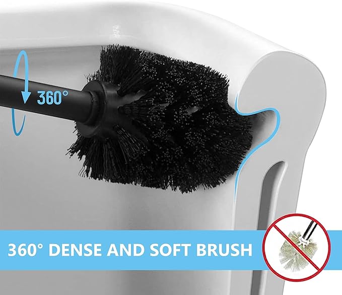 2 in 1 Toilet Brush and Plunger Set - Toilet Brush with Solid Handle, Stand and Holder for Deeply Cleaning in Bathrooms - Plastic Toilet Brush and Holder Set in Black