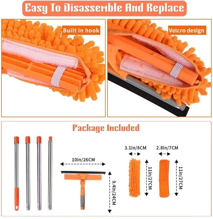 Window Squeegee Cleaner Kit - 2-in-1 Rotatable Window Cleaning Tool with Extension Pole, Professional Streak-Free Squeegee with Bendable Head for Indoor/Outdoor Windows & Car Glass