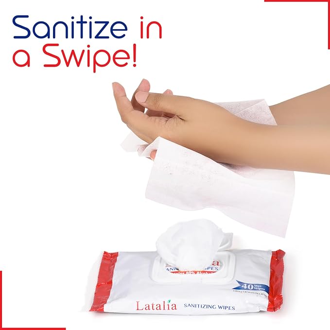 Latalia Hand Wipes Pack of 5 | 80% Alcohol Hand Sanitizer Wipes for Hands & Face Moisturizing, Gentle, Convenient and Fragrance Free (40 Counts)