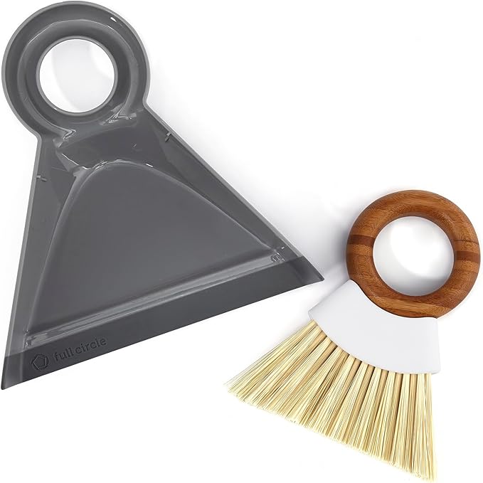 Full Circle Tiny Team Mini Compact Brush & Dustpan Set, Portable Handheld Broom for Quick Cleanups, Ideal for Home, Bathroom, Kitchen Countertops. Bamboo Hand Broom & Small Crumb Sweeper, White