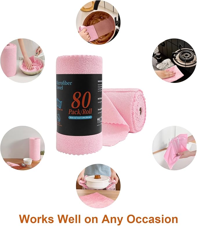 Tigona 80 Pack Microfiber Cleaning Cloth Roll,Lint Free Rags & Tear Away Reusable Towels Washable Scratch,Ultra Absorbent Dish Rags(12" x 12") for Car Kitchen Home Garage-Pink