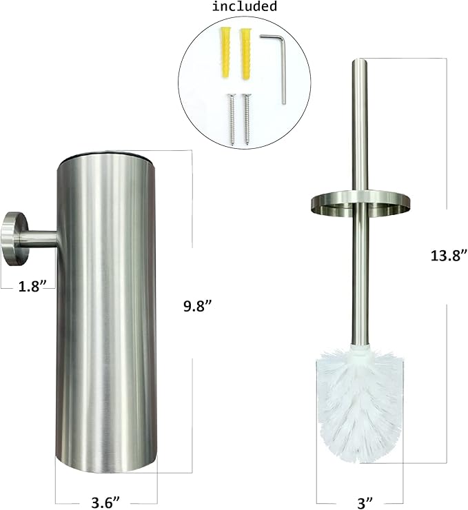 SUNERA 304 Stainless Steel Toilet Brush Holder Toilet Bowl Brush, Wall Mount Bathroom Toilet Bowl Scrubber Brush with Stiff Bristles for Deep Cleaning
